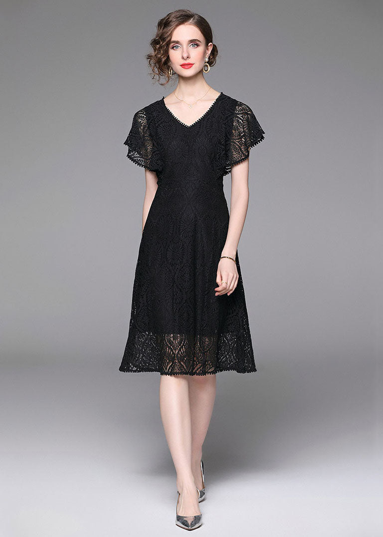 Fashion Black V Neck Hollow Out Patchwork Lace Mid Dress Butterfly Sleeve LY7374 - fabuloryshop