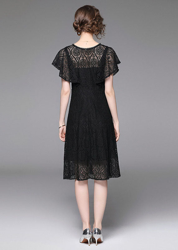 Fashion Black V Neck Hollow Out Patchwork Lace Mid Dress Butterfly Sleeve LY7374 - fabuloryshop
