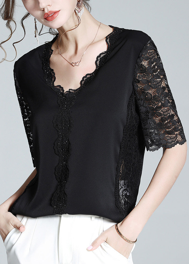 Fashion Black V Neck Lace Patchwork Solid Top Short Sleeve LY1072 - fabuloryshop