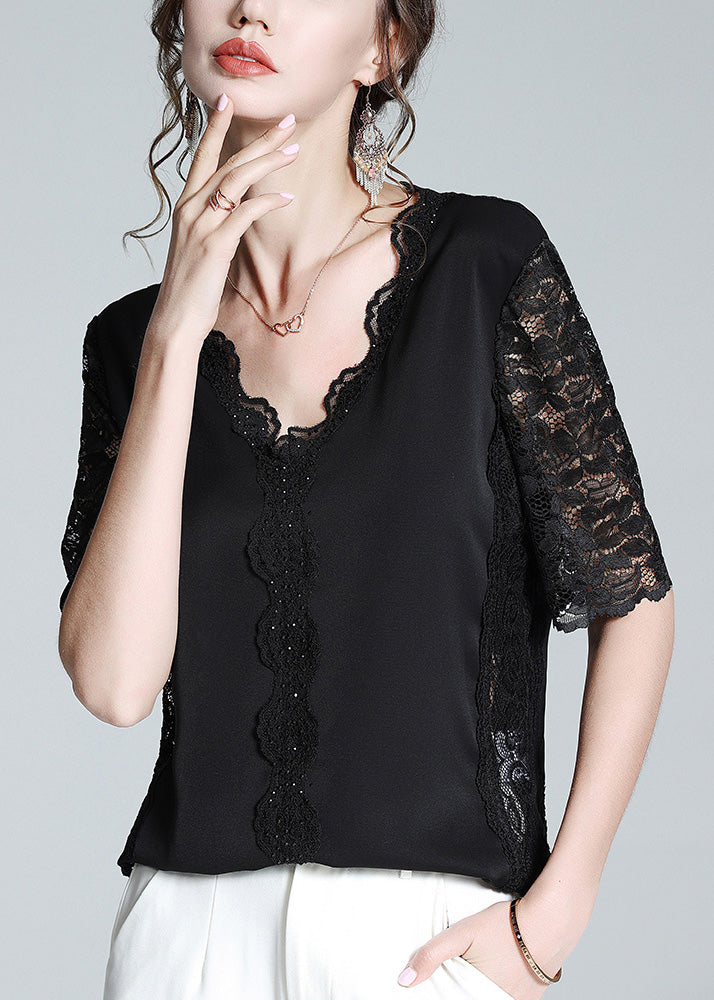 Fashion Black V Neck Lace Patchwork Solid Top Short Sleeve LY1072 - fabuloryshop