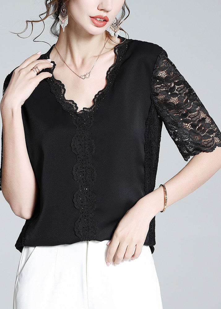 Fashion Black V Neck Lace Patchwork Solid Top Short Sleeve LY1072 - fabuloryshop