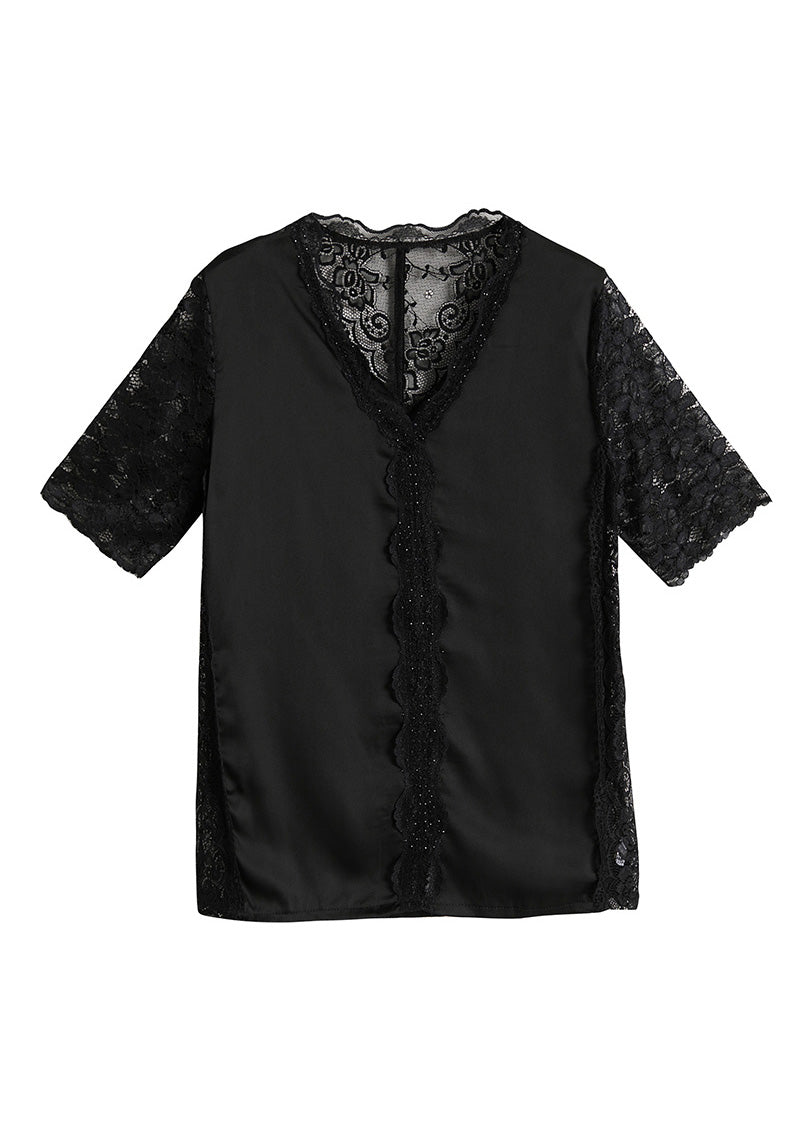 Fashion Black V Neck Lace Patchwork Solid Top Short Sleeve LY1072 - fabuloryshop