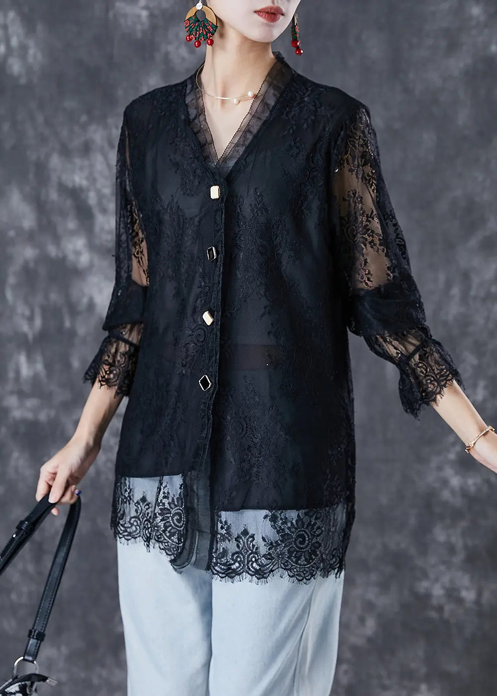 Fashion Black V Neck Patchwork Lace Shirt Fall Ada Fashion