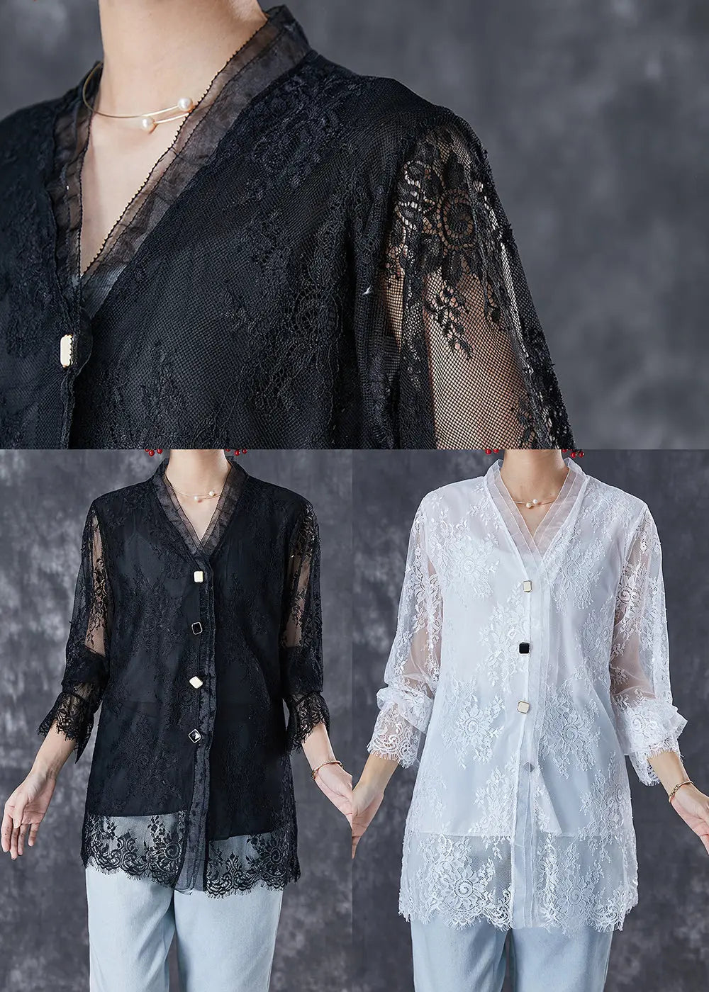 Fashion Black V Neck Patchwork Lace Shirt Fall Ada Fashion