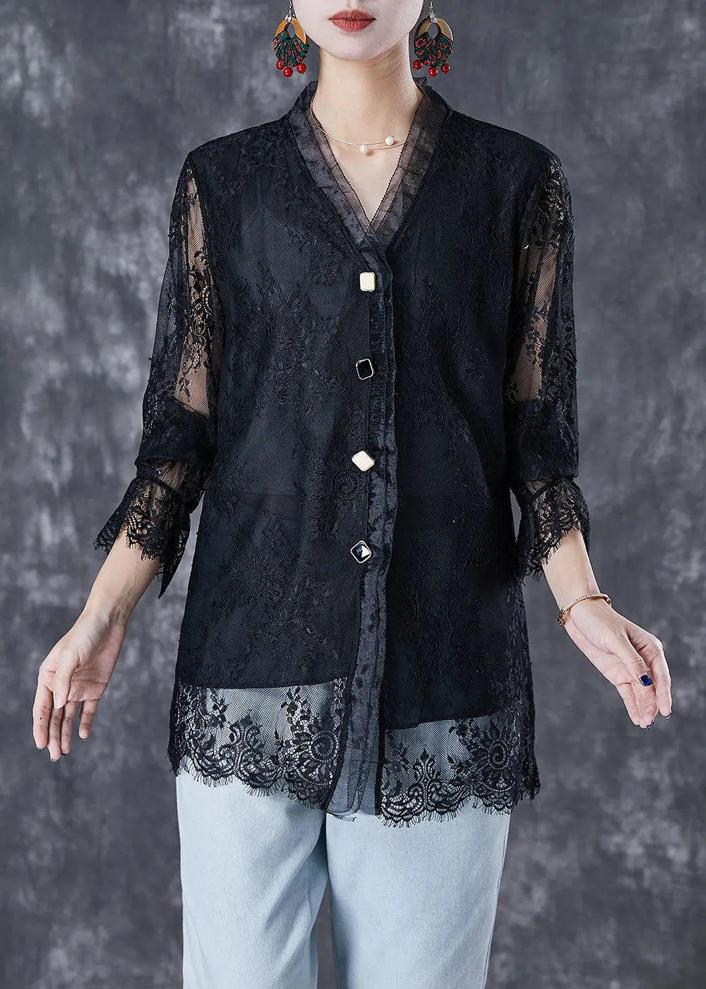 Fashion Black V Neck Patchwork Lace Shirt Fall Ada Fashion