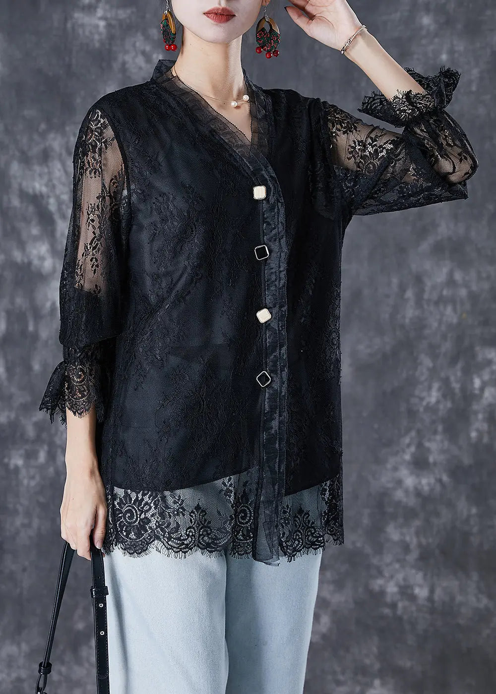 Fashion Black V Neck Patchwork Lace Shirt Fall Ada Fashion