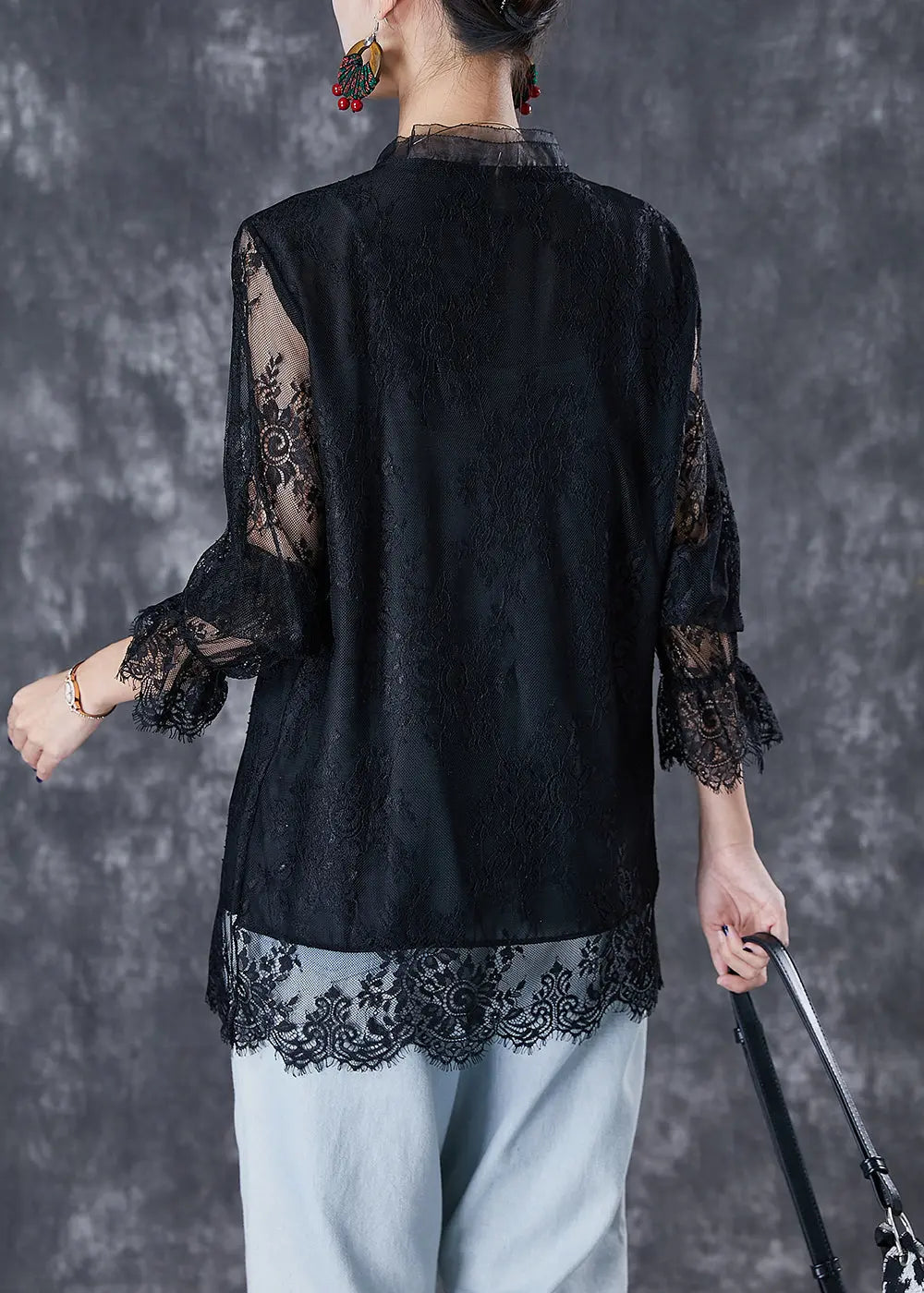 Fashion Black V Neck Patchwork Lace Shirt Fall Ada Fashion