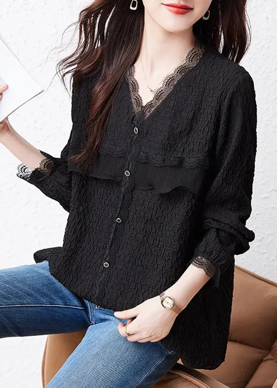 Fashion Black V Neck Ruffled Lace Patchwork Top Fall Ada Fashion