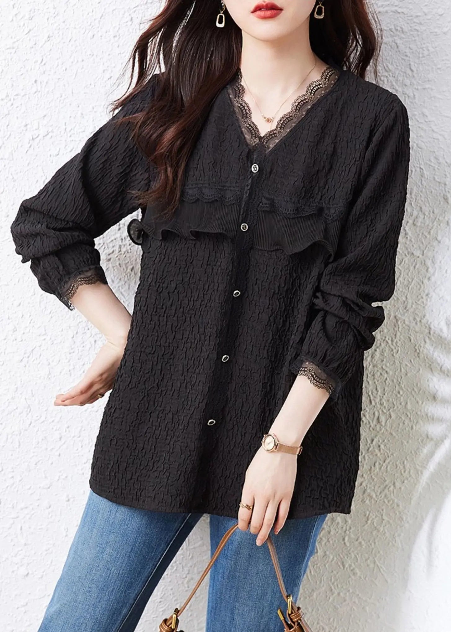 Fashion Black V Neck Ruffled Lace Patchwork Top Fall Ada Fashion