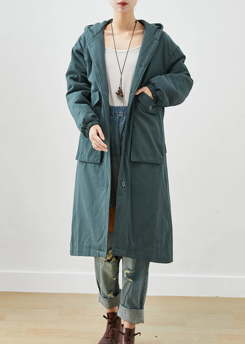 Fashion Blackish Green Hooded Pockets Thick Warm Fleece Trench Fall Ada Fashion