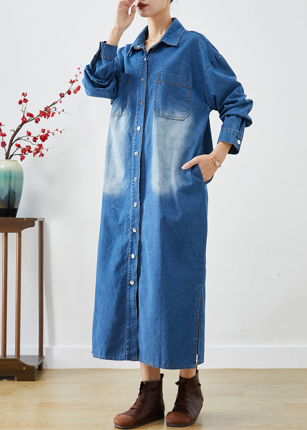 Fashion Blue Button Down Side Open Denim Trench Coats Fall Ada Fashion