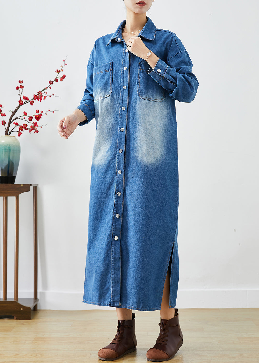 Fashion Blue Button Down Side Open Denim Trench Coats Fall Ada Fashion