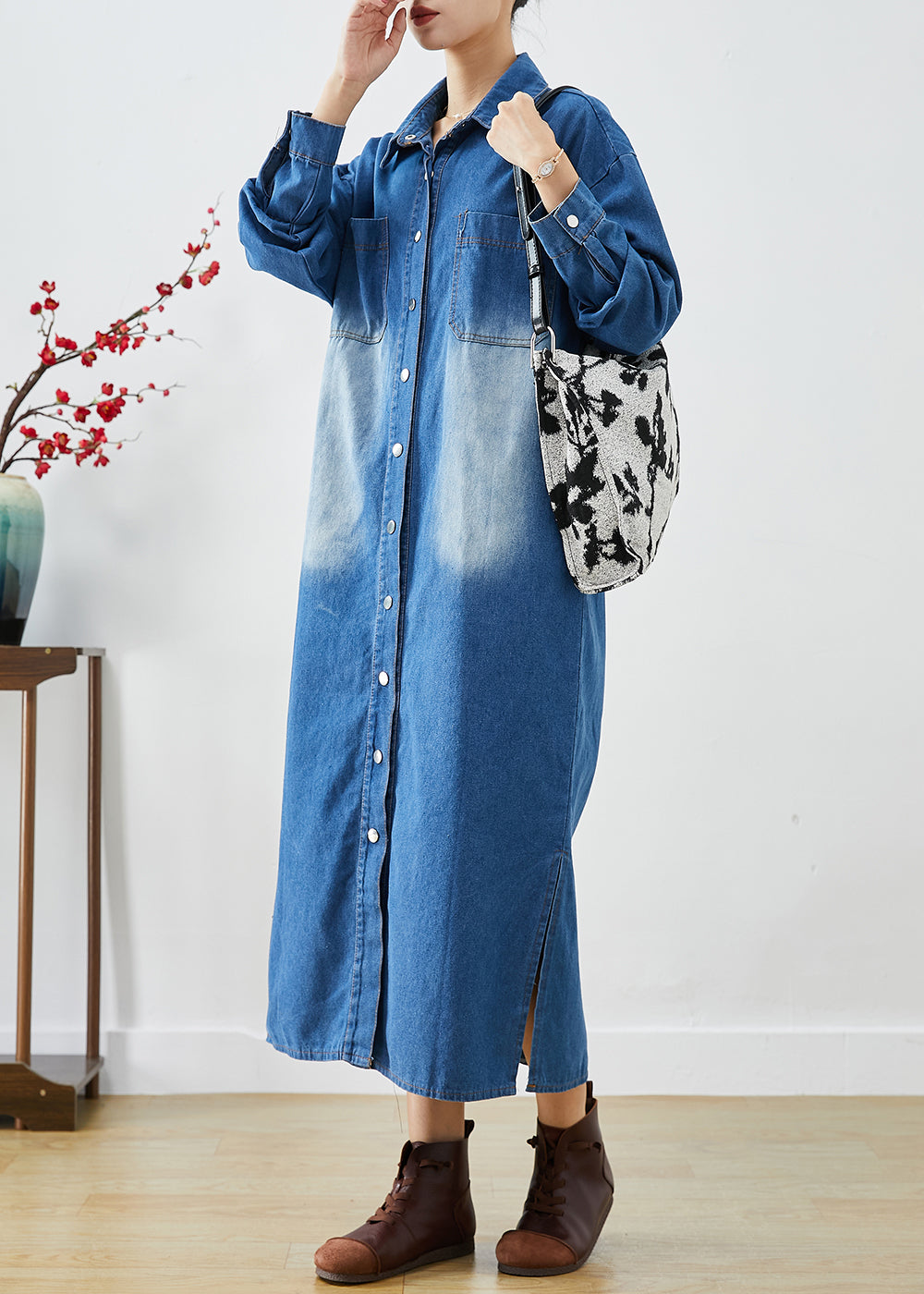 Fashion Blue Button Down Side Open Denim Trench Coats Fall Ada Fashion