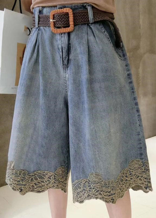 Fashion Blue High Waist Lace Patchwork Denim Shorts Summer TY1079