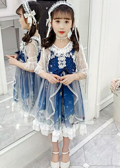 Fashion Blue Lace Patchwork Tulle Kids Long Dress Short Sleeve Ada Fashion