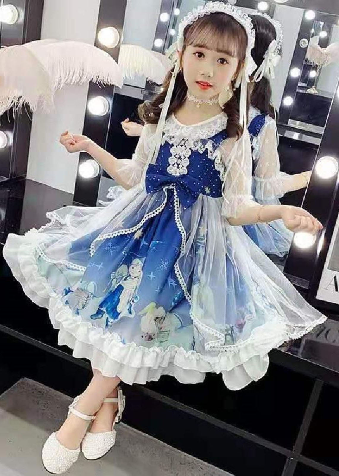 Fashion Blue Lace Patchwork Tulle Kids Long Dress Short Sleeve Ada Fashion