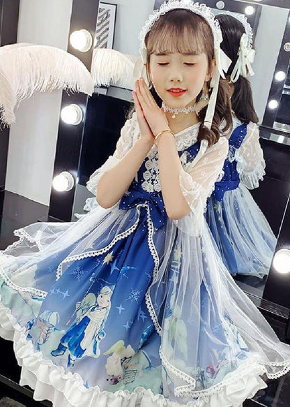 Fashion Blue Lace Patchwork Tulle Kids Long Dress Short Sleeve Ada Fashion