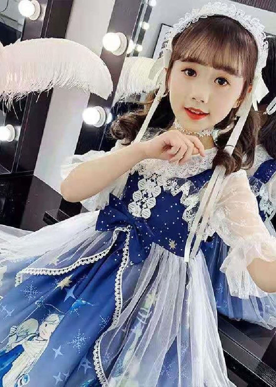 Fashion Blue Lace Patchwork Tulle Kids Long Dress Short Sleeve Ada Fashion