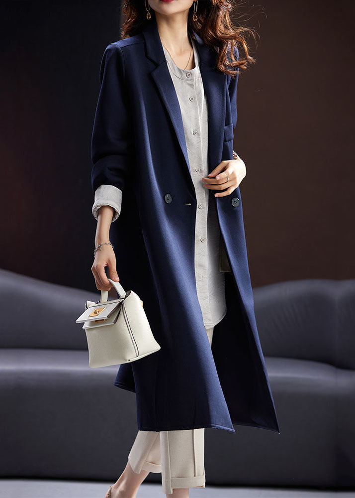 Fashion Blue Notched Button Pockets Long Coats Fall Ada Fashion