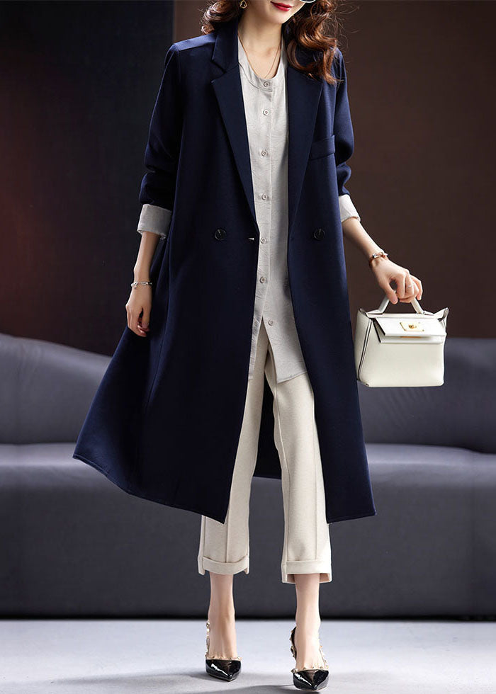 Fashion Blue Notched Button Pockets Long Coats Fall Ada Fashion