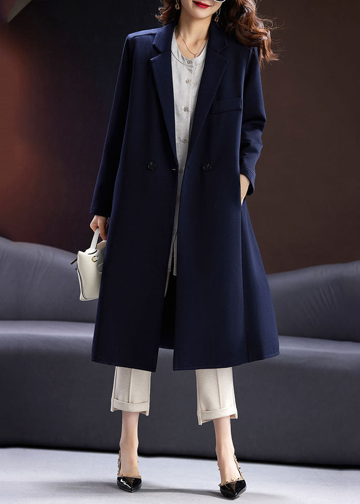 Fashion Blue Notched Button Pockets Long Coats Fall Ada Fashion