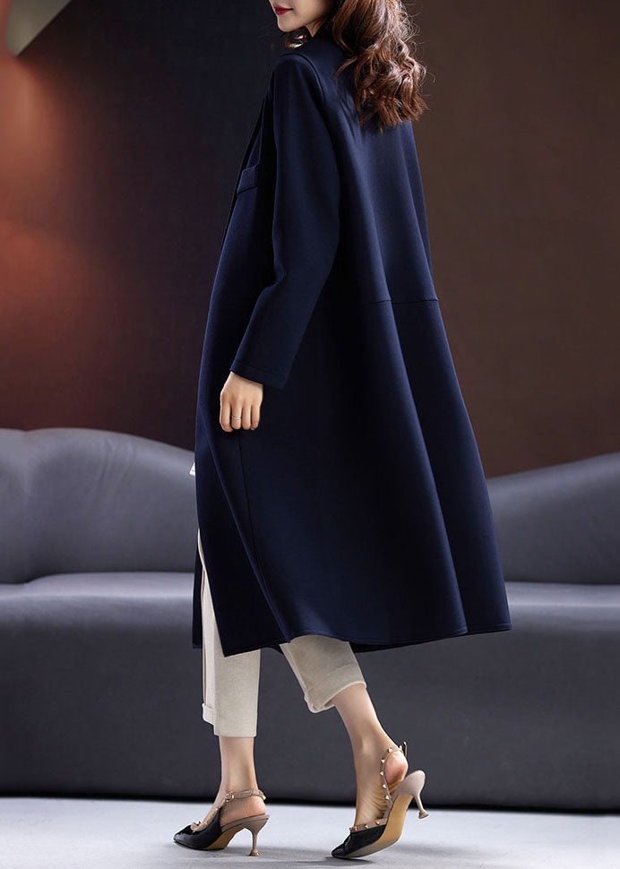 Fashion Blue Notched Button Pockets Long Coats Fall Ada Fashion