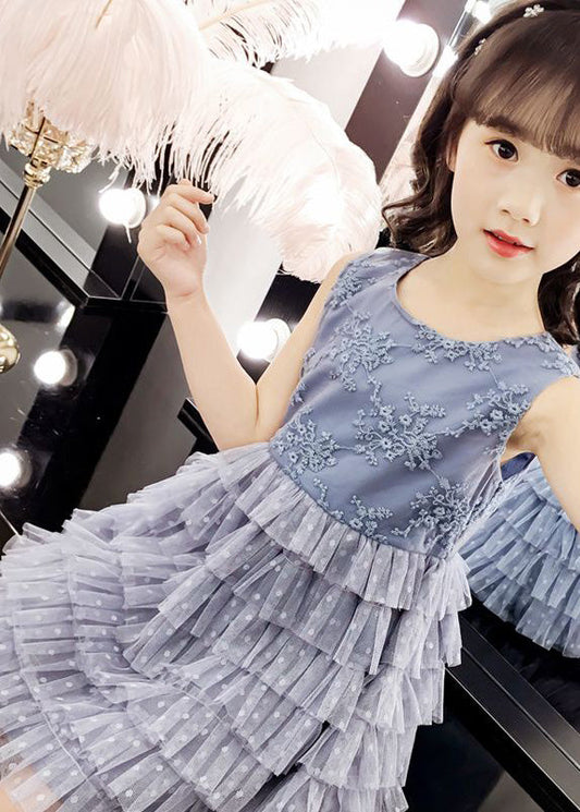 Fashion Blue O-Neck Embroideried Dot Patchwork Tulle Girls Party Mid Dress Sleeveless LY6444 - fabuloryshop