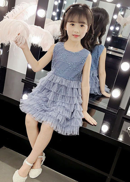 Fashion Blue O-Neck Embroideried Dot Patchwork Tulle Girls Party Mid Dress Sleeveless LY6444 - fabuloryshop