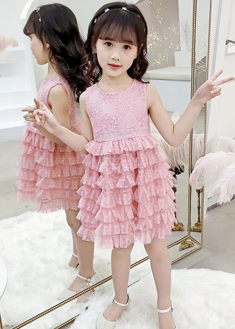 Fashion Blue O-Neck Embroideried Dot Patchwork Tulle Girls Party Mid Dress Sleeveless LY6444 - fabuloryshop