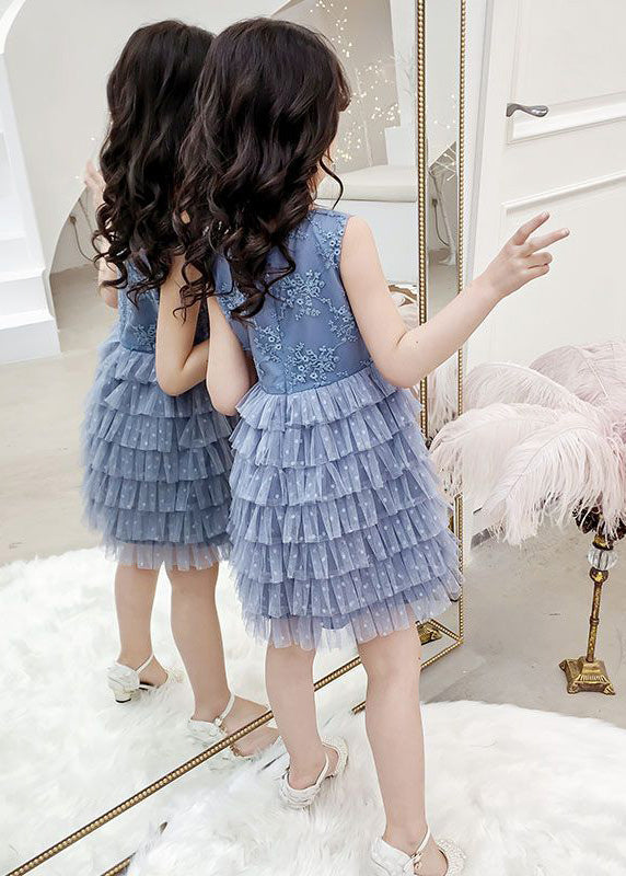 Fashion Blue O-Neck Embroideried Dot Patchwork Tulle Girls Party Mid Dress Sleeveless LY6444 - fabuloryshop
