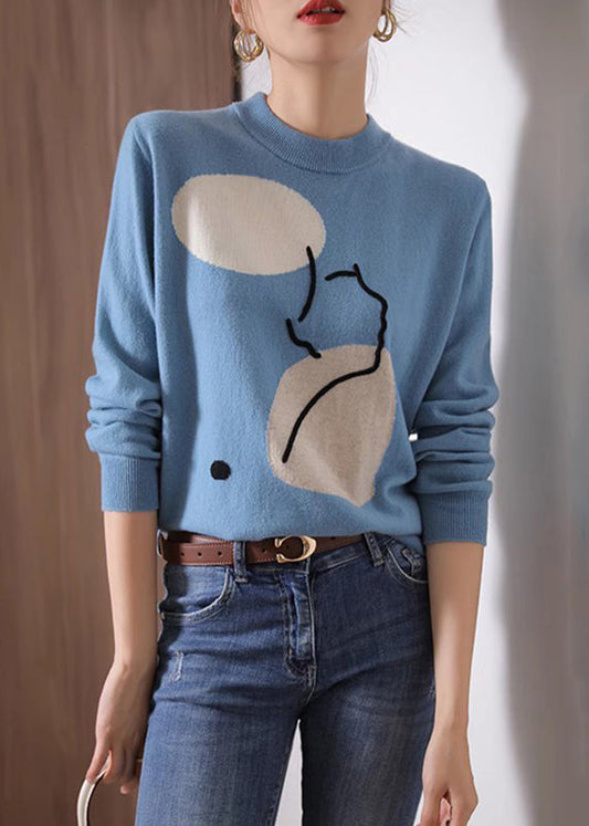 Blue O Neck Geometric Print Sweaters