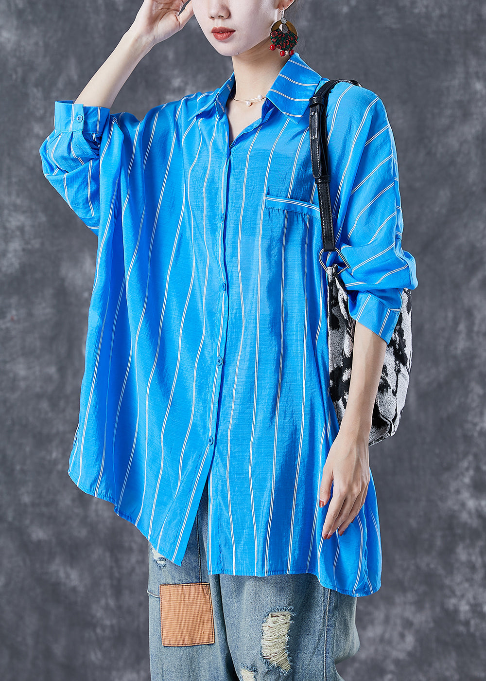 Fashion Blue Oversized Striped Cotton Shirt Tops Summer Ada Fashion