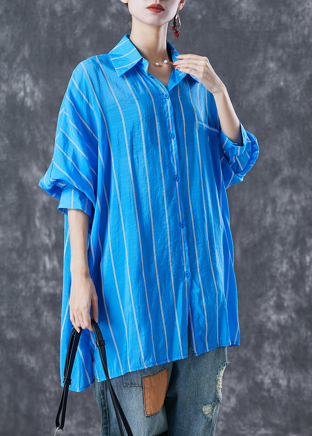 Fashion Blue Oversized Striped Cotton Shirt Tops Summer Ada Fashion