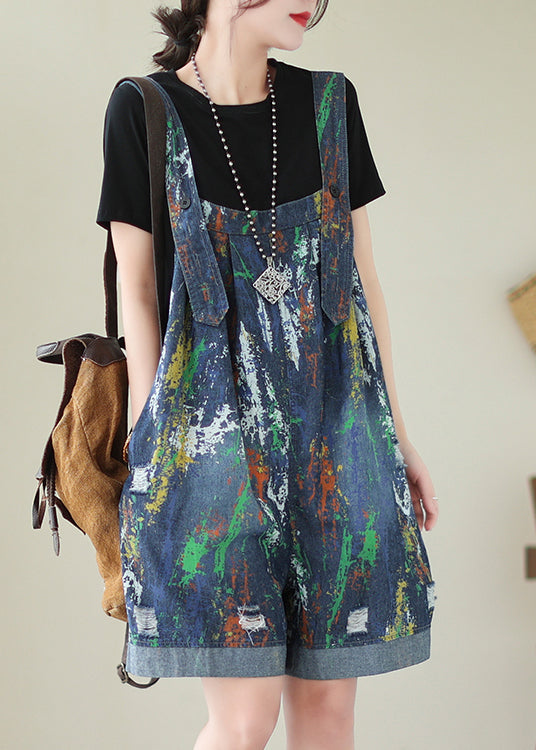 Fashion Blue Oversized Tie Dye Denim Jumpsuits Ripped Shorts Summer LY4978 - fabuloryshop