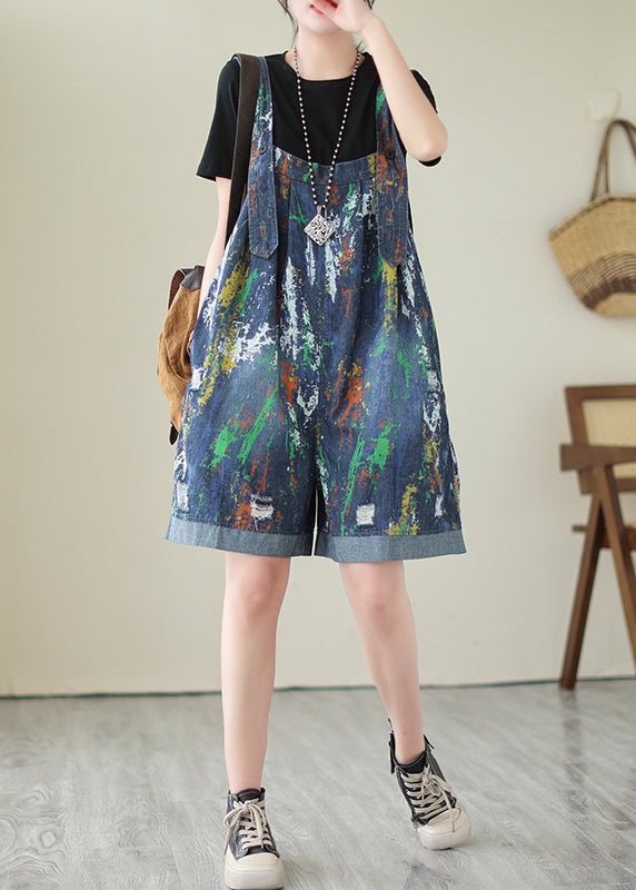 Fashion Blue Oversized Tie Dye Denim Jumpsuits Ripped Shorts Summer LY4978 - fabuloryshop