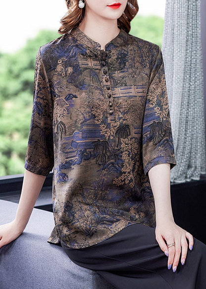 Fashion Blue Patchwork Print Button Silk Blouse Tops Summer LY0427 - fabuloryshop