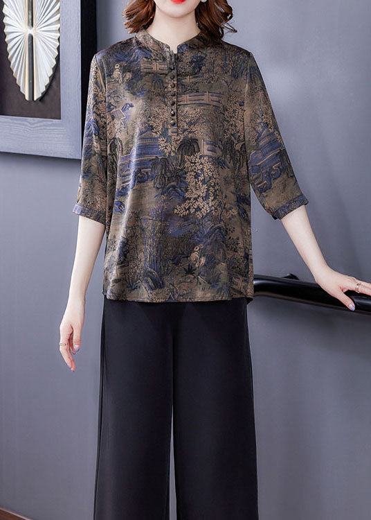 Fashion Blue Patchwork Print Button Silk Blouse Tops Summer LY0427 - fabuloryshop