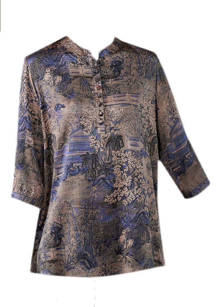 Fashion Blue Patchwork Print Button Silk Blouse Tops Summer LY0427 - fabuloryshop