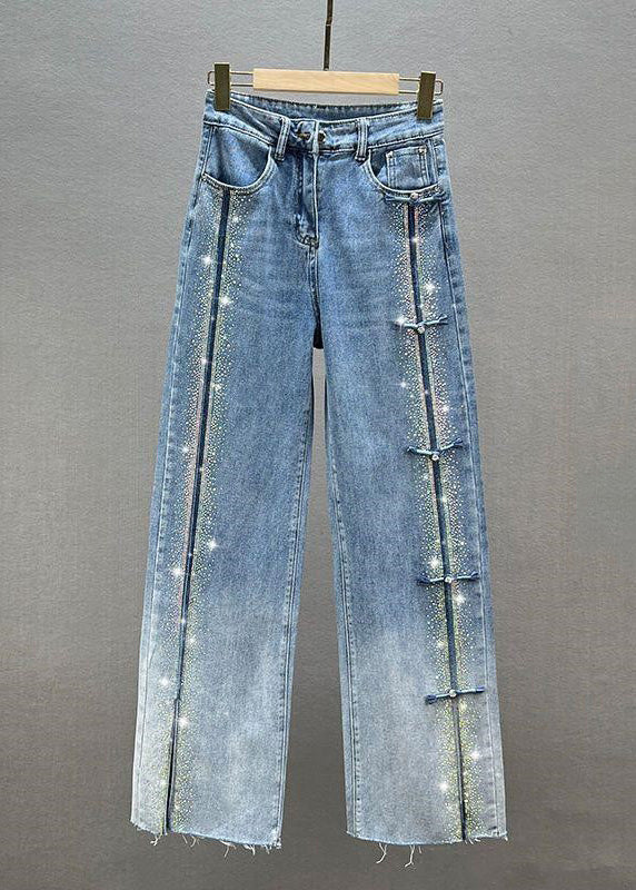 Fashion Blue Patchwork Zircon High Waist Wide Leg Jeans TY1039 - fabuloryshop
