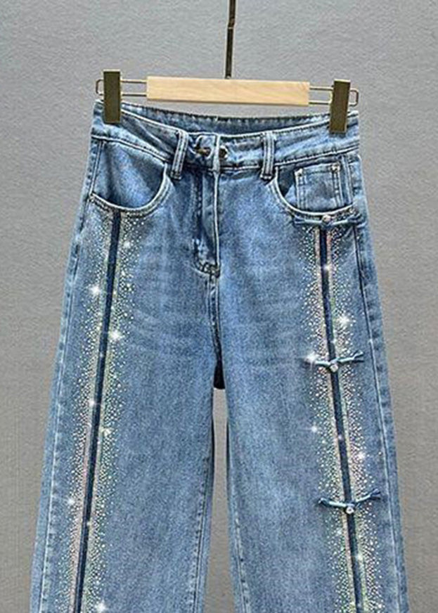 Fashion Blue Patchwork Zircon High Waist Wide Leg Jeans TY1039 - fabuloryshop
