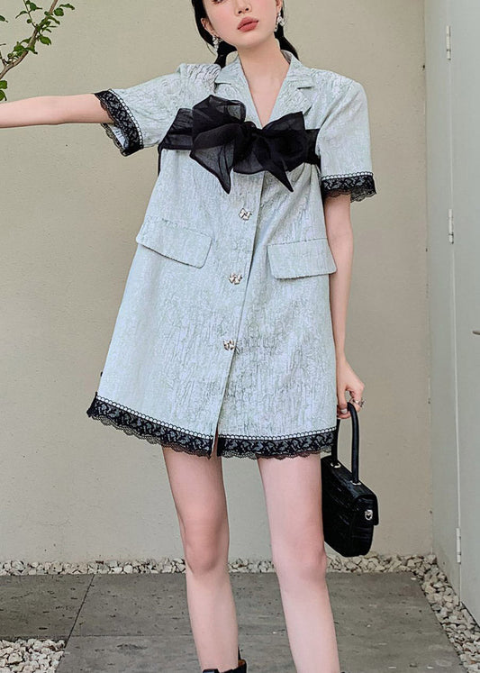 Fashion Blue Peter Pan Collar Organza Patchwork Button Mid Shirts Dresses Short Sleeve TI1039 - fabuloryshop