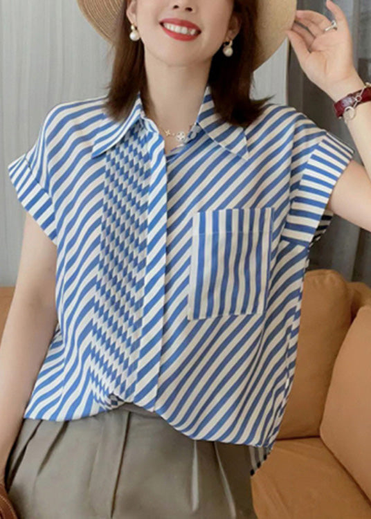 Fashion Blue Peter Pan Collar Striped Button Low High Design Silk Shirts  Summer LY0365 - fabuloryshop