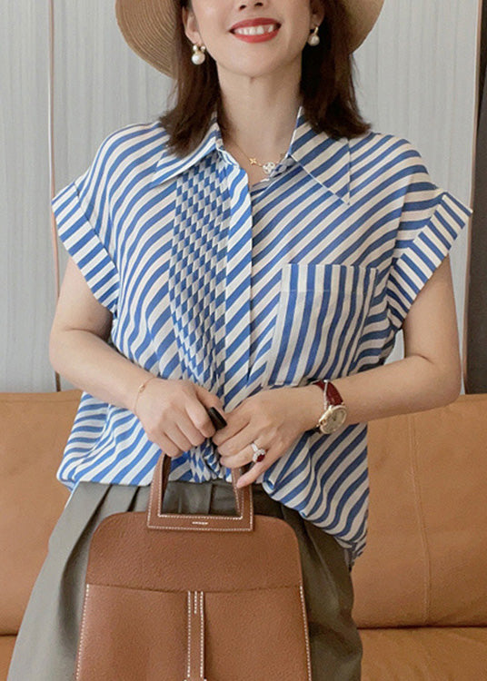 Fashion Blue Peter Pan Collar Striped Button Low High Design Silk Shirts  Summer LY0365 - fabuloryshop