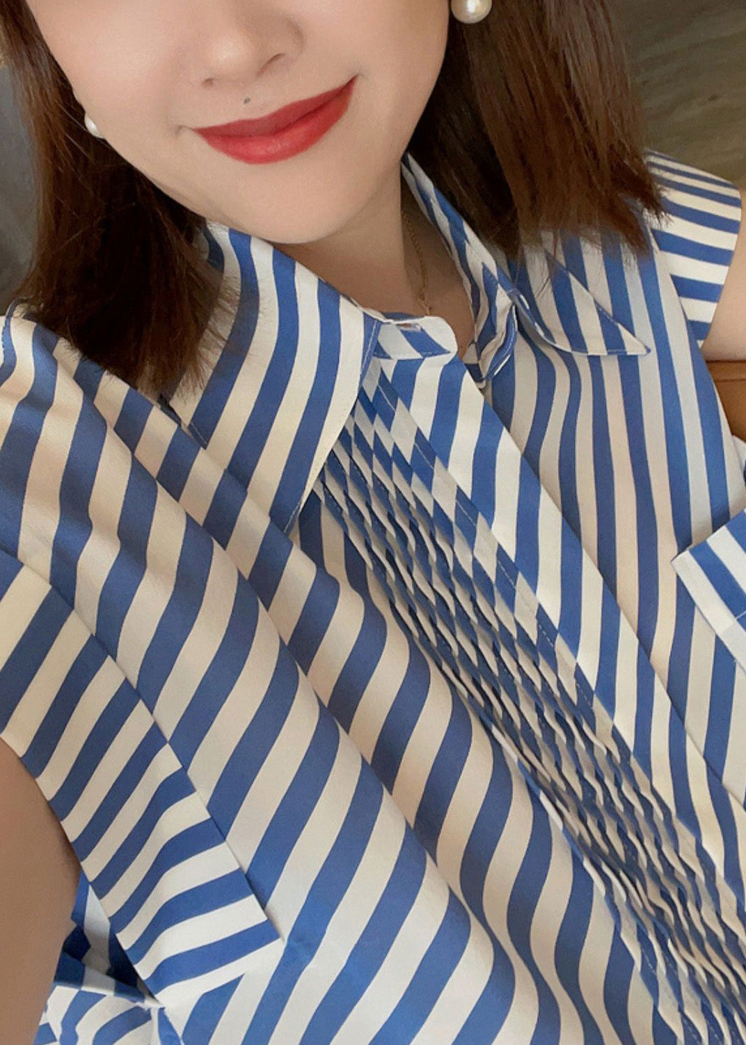 Fashion Blue Peter Pan Collar Striped Button Low High Design Silk Shirts  Summer LY0365 - fabuloryshop