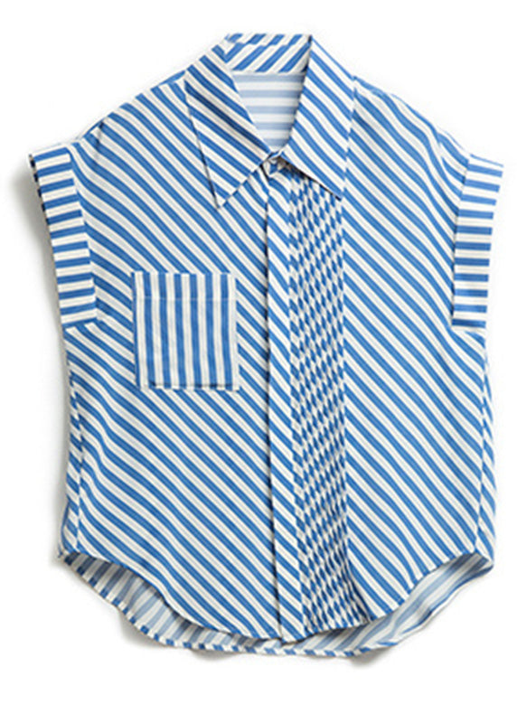 Fashion Blue Peter Pan Collar Striped Button Low High Design Silk Shirts  Summer LY0365