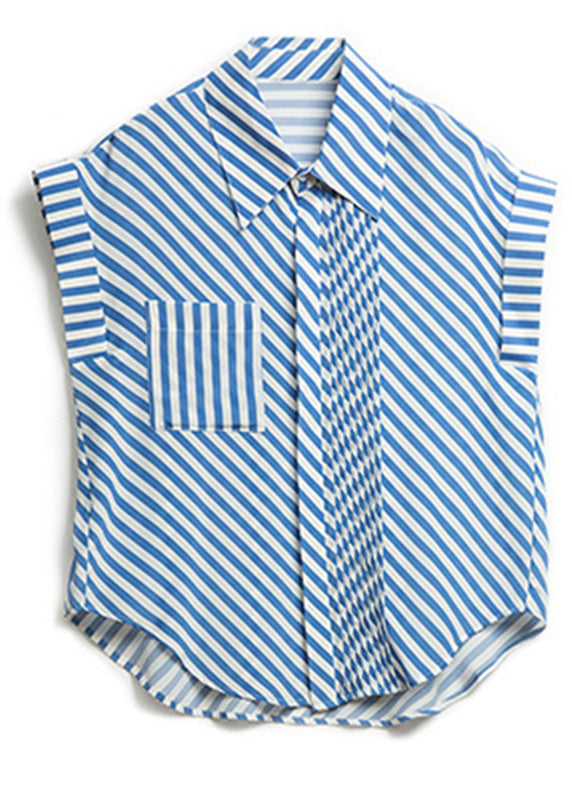 Fashion Blue Peter Pan Collar Striped Button Low High Design Silk Shirts  Summer LY0365 - fabuloryshop