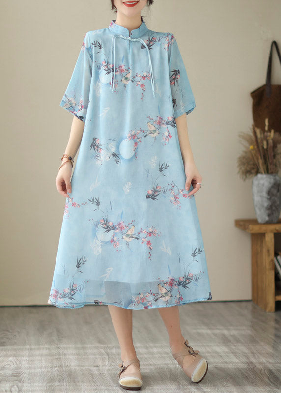Fashion Blue Print Chiffon Long Dresses Summer LY2982 - fabuloryshop