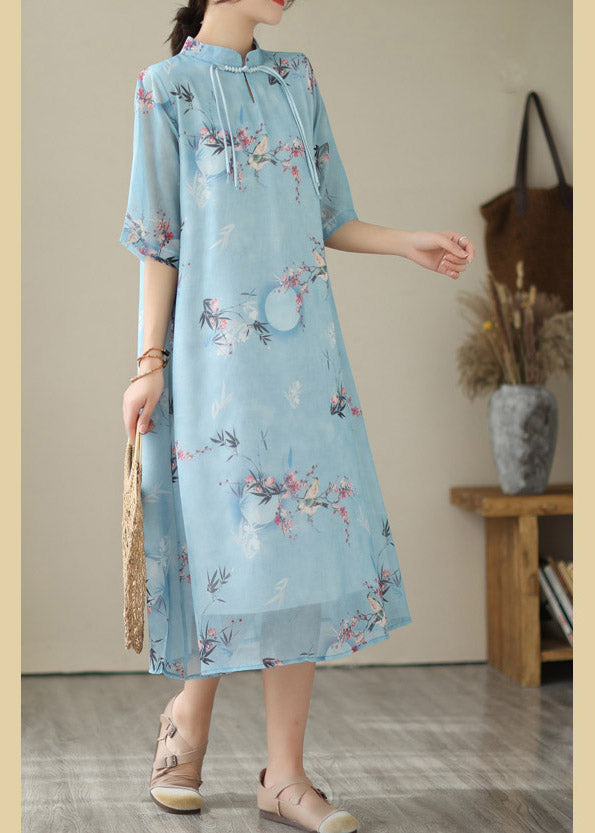 Fashion Blue Print Chiffon Long Dresses Summer LY2982 - fabuloryshop