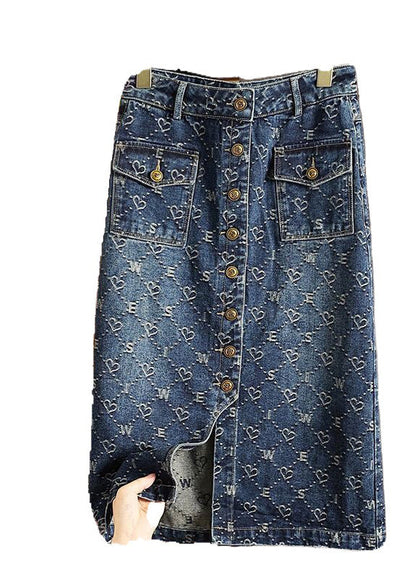 Fashion Blue Print Patchwork High Waist Denim A Line Skirt Summer LY5241 - fabuloryshop