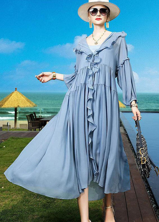 Fashion Blue Ruffled Asymmetrical Patchwork Silk Vacation Dresses Summer LC0242 - fabuloryshop